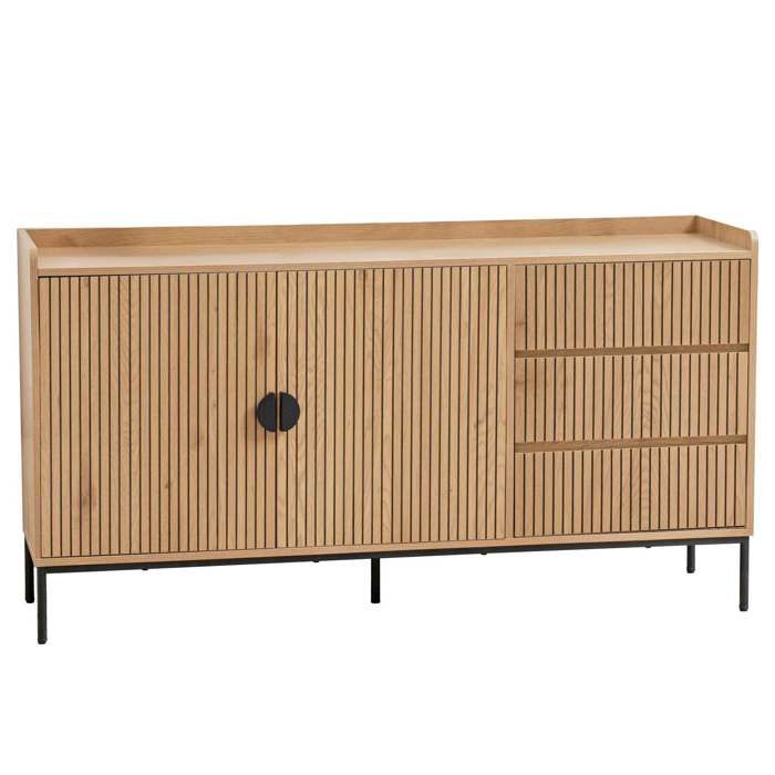 Buffet 2 portes et 3 tiroirs en acier et MDF décor mélaminé beige Dakota - Oviala Buffet 2 portes et 3 tiroirs en acier et MDF décor mélaminé beige Dakota - Oviala