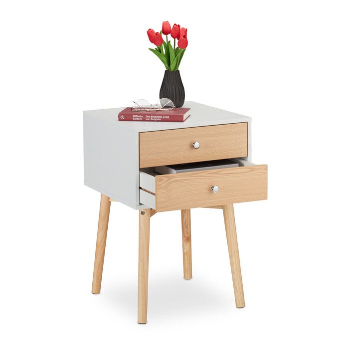 Relaxdays Table de chevet 2 tiroirs HxLxP: 60x40x40 cm pour chambre à coucher commode de nuit blanc-nature