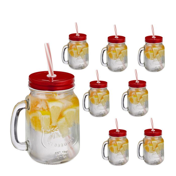 Relaxdays verre à cocktails avec couvercle et paille incluse, Lot de 8, 500 ml, style rétro Relaxdays verre à cocktails avec couvercle et paille incluse, Lot de 8, 500 ml, style rétro