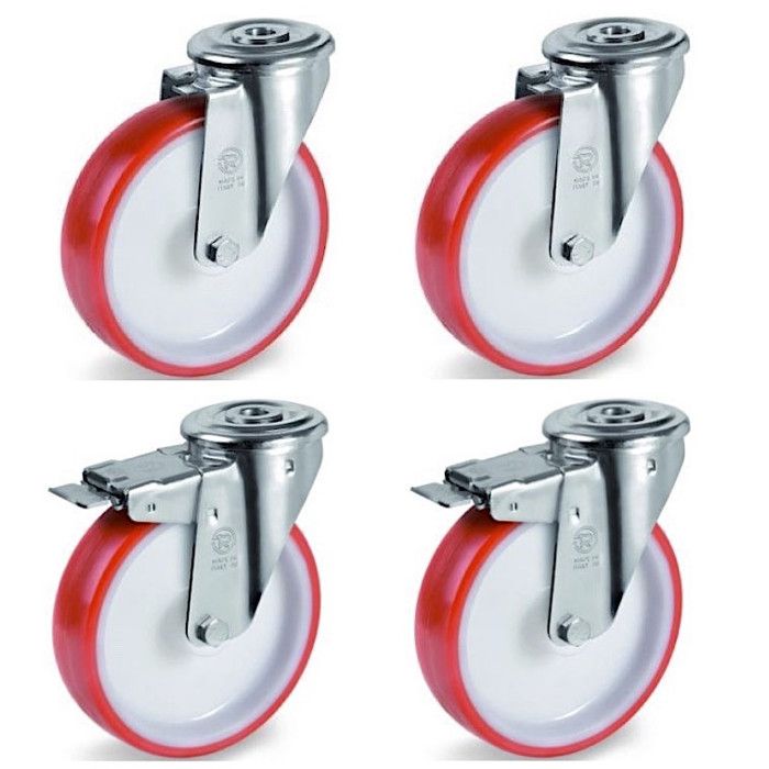 Lot De Roulettes Pivotantes En Polyuréthane Rouge - Diamètre 200 Mm - Avec Et Sans Frein - Marque HTR