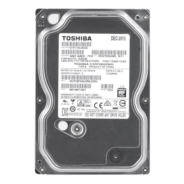 Disque dur – TOSHIBA – DT01ACA050 – 500 Go – 3.5 – SATA III – 7200 tr/min