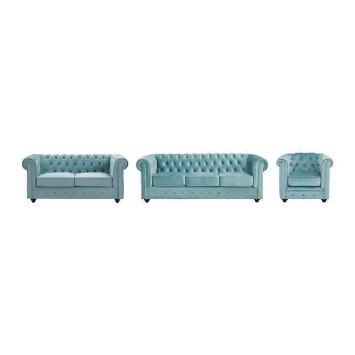 Canapés 3 places et 2 places et fauteuil en velours bleu pastel CHESTERFIELD