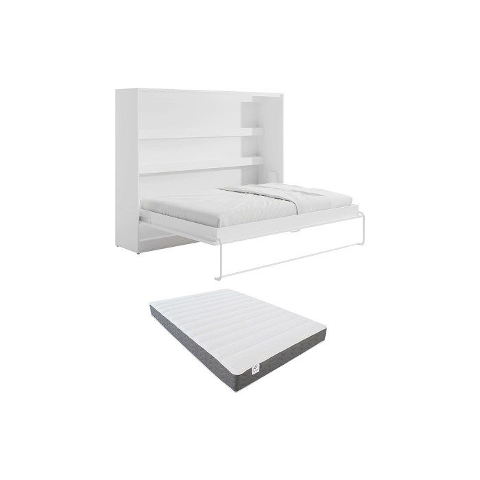 Lit escamotable 140 x 200 cm - Ouverture horizontale manuelle - Blanc + Matelas - RAPILI