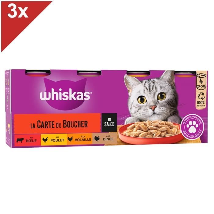 Comparer les prix de Pâtée pour chat WHISKAS - 12 boîtes en sauce - 4 variétés - 400g (3x4)