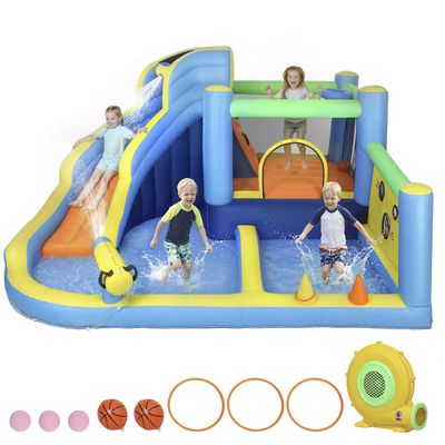 Château Gonflable 5 En 1 – Toboggan, Trampoline, Piscine à Balles, Basket – Enfants 3-10 Ans