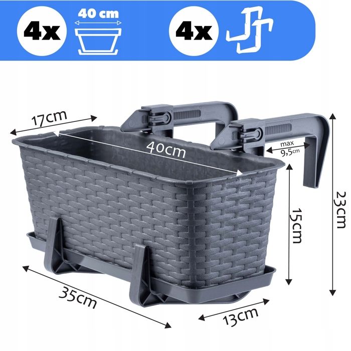 Jardinière De Balcon Plastique Résistante KADAX 50 Cm Anthracite - Pour Fleurs Herbes Et Plantes