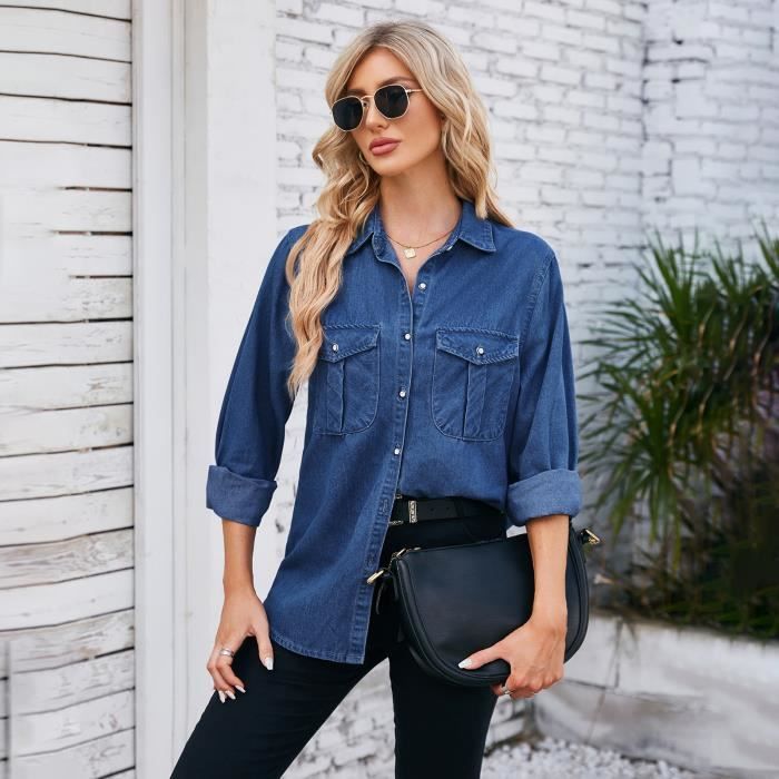 Chemisier boutonné long coton imprimé Bleu