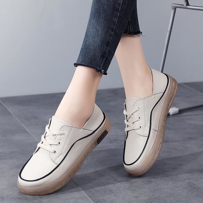 Baskets Femme en Cuir Plat Comfortable Plat Casual Legere Souple Beige Beige blanc