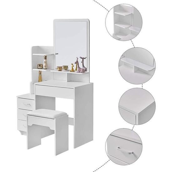 Coiffeuse Avec éclairage LED Et Miroir - 3 Tiroirs + 4 étagères - Blanc 100x40x140cm - Table Maquillage Complète