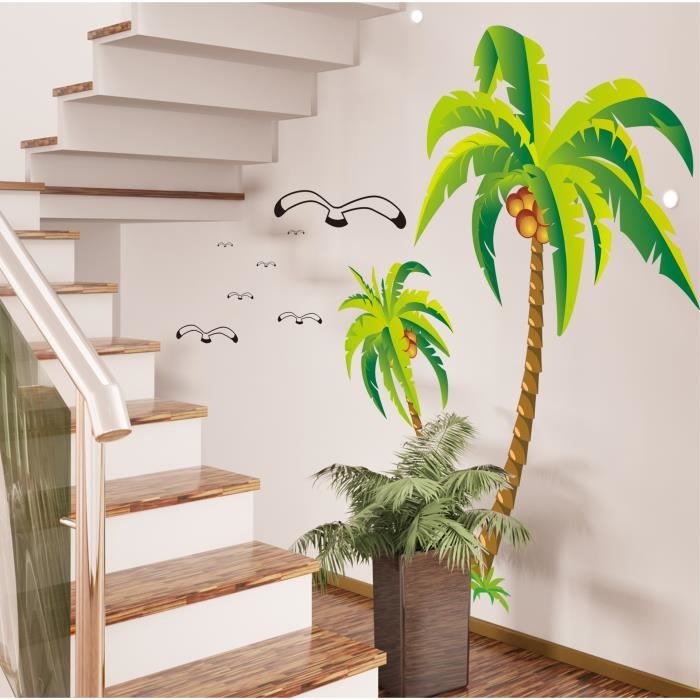 Stickers Muraux Palmier Tropical Et Perroquets | Autocollants PVC 58x114cm | Déco Salon, Chambre, Salle De Bain
