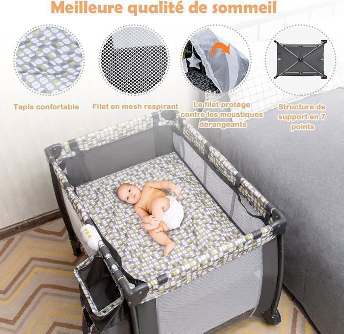 Lit Parapluie Pliable 6 En 1 Avec Table à Langer - Pour Bébé 0-36 Mois, Capacité 15 Kg, Tissu Oxford, Sac De Transport Inclus - Vert