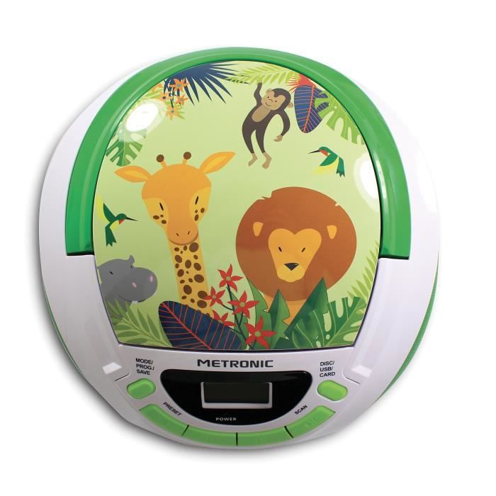 Metronic 477144 Lecteur CD pour enfants Jungle avec port USB/AUX-IN  Vert/Blanc