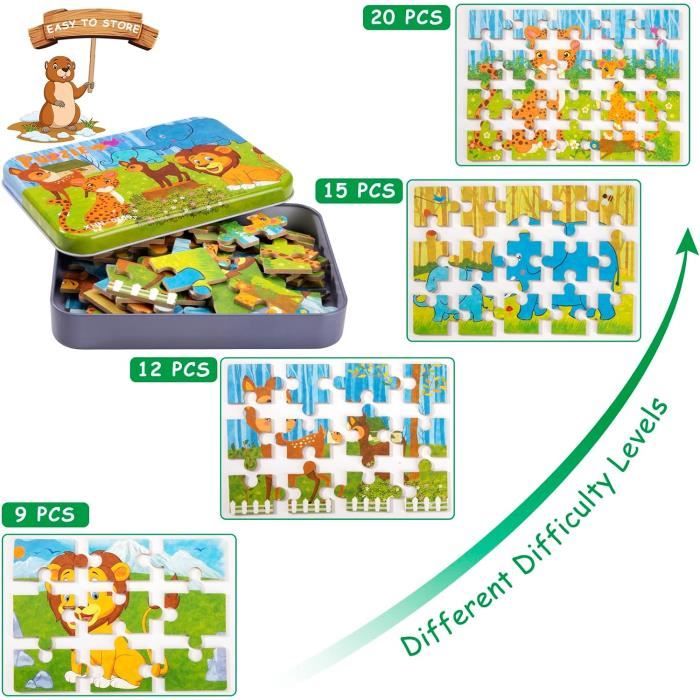 BelleStyle Puzzle En Bois Montessori – 6 Animaux (9 Pièces) – Dès 2 Ans – Jeu Éducatif Cognition Et Motricité