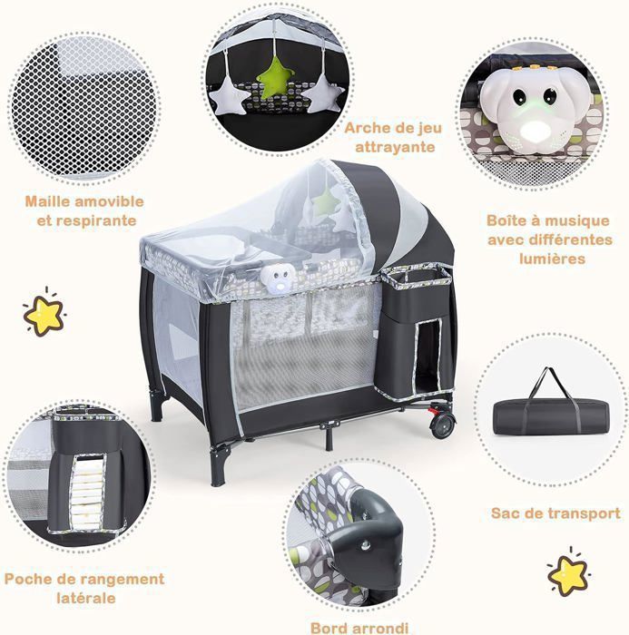 Lit Parapluie Pliable 6 En 1 GOPLUS - Avec Table à Langer, Couffin, Jouets, Boîte à Musique - Pour Bébé 0-36 Mois - Capacité 15 Kg - 12