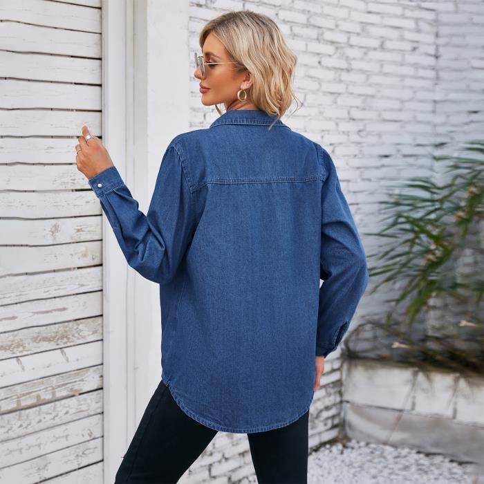 Chemise en Jean Femme Manches Longues Léger INSFITY Printemps Col  Chemise Bleu fonce