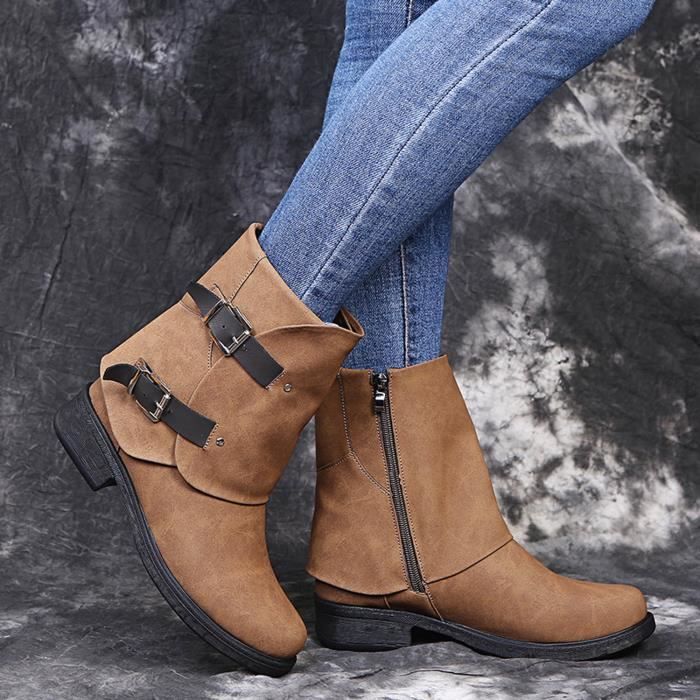 Bottines Courtes en Cuir pour Femmes Marron Talon Carre Bout Rond Marron Cdiscount Chaussures