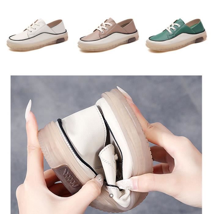 Baskets Femme en Cuir Plat Comfortable Plat Casual Legere Souple Beige Beige blanc