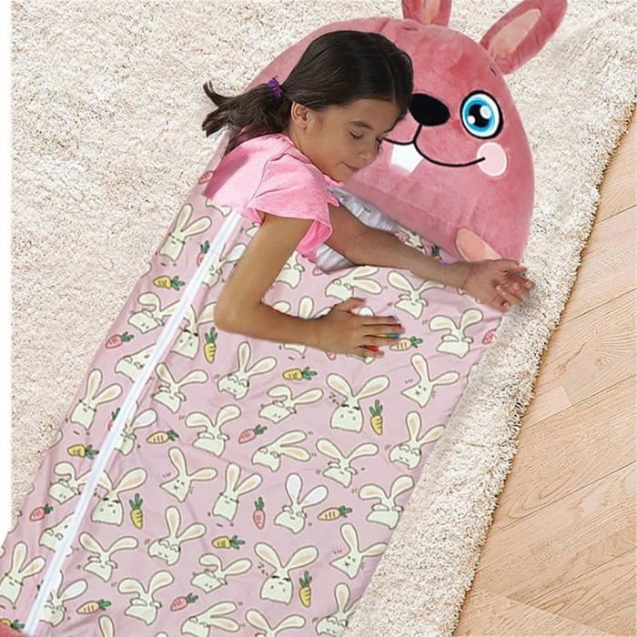 Sac de couchage enfant 137*50cm dessin animé confortable avec oreiller  Intérieur Extérieur -lapin