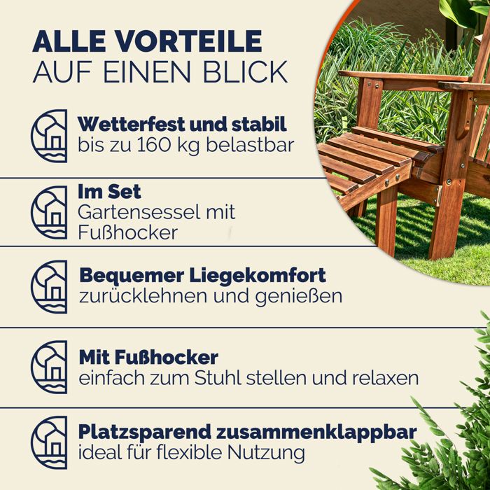 Chaise Longue Adirondack En Bois D'acacia Avec Repose-pieds - Pliable - Jardin, Terrasse, Balcon - 85 X 69 X 93 Cm