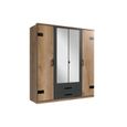 Armoire de chambre - Décor chêne et graphite - 4 portes - Style Industriel - L180 x P58 x H199 cm - CORK-0