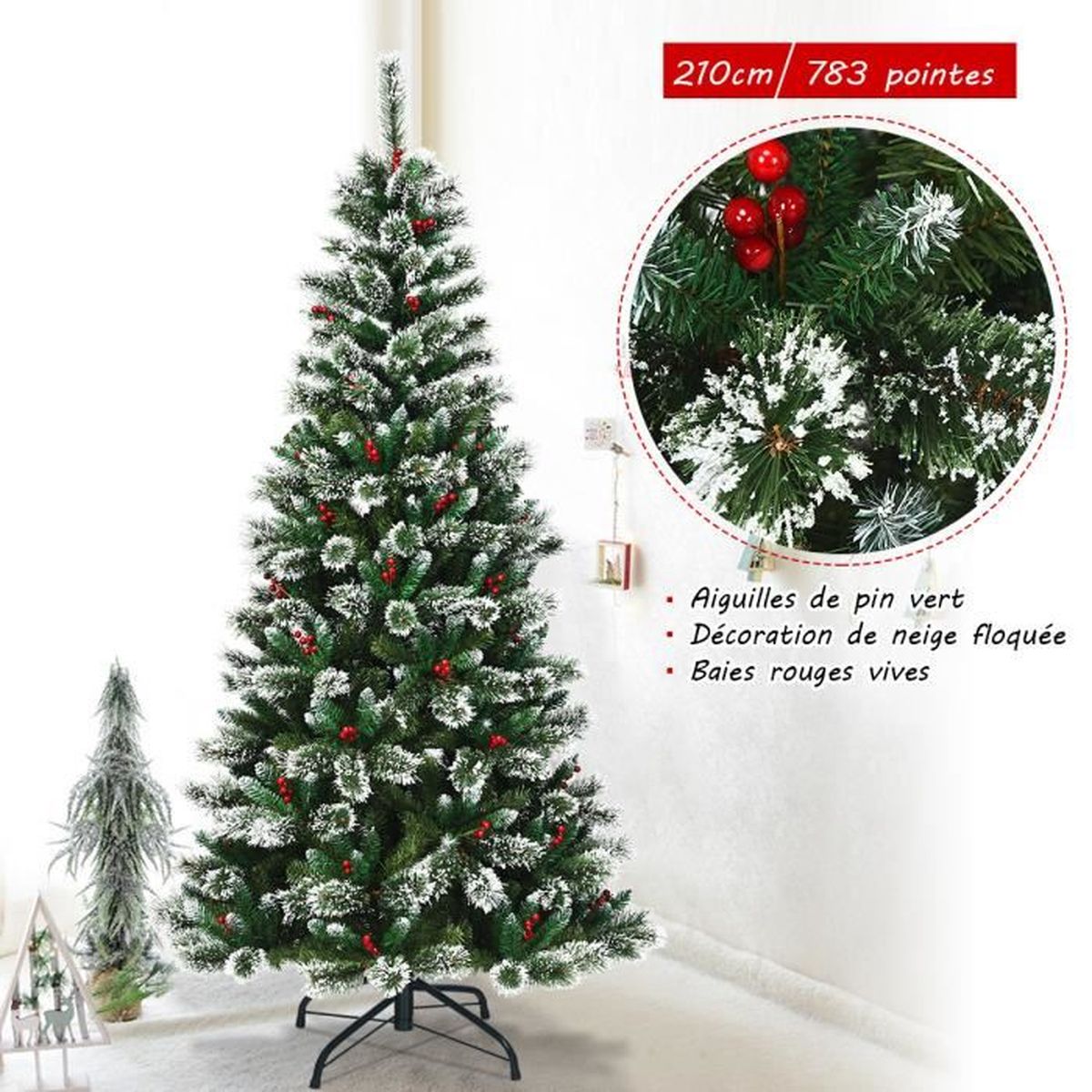 GIANTEX Sapin de Noël Artificiel 2,1 M, 783 Branches, Arbre de Noël avec Neige Floqué et Baies 
