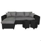 LOUNGITUDE Canapé d'angle convertible MADY avec coffre et poufs en simili et microfibre - Gris / Noir