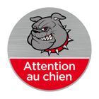 SIGNALETIQUE.BIZ FRANCE Plaque de porte rond pictogramme attention au chien rouge et gris, Diamètre 83 mm (8,3 cm), Aluminium brossé