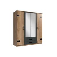 Armoire de chambre - Décor chêne et graphite - 4 portes - Style Industriel - L180 x P58 x H199 cm - CORK