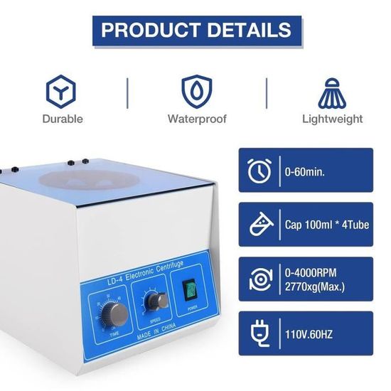 Centrifugeuse De Laboratoire électrique SYUFRE - Capacité 6x20ml, Vitesse 0-4000 Tr/min, Minuterie 0-60 Min - Pour Plasma, Sang, Analyses - 4