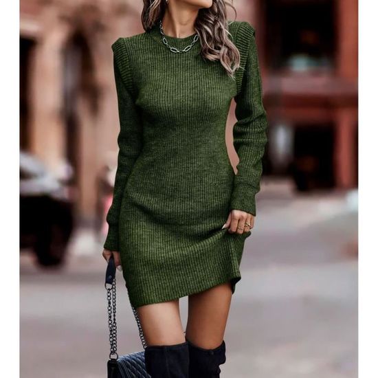 Robe D'hiver En Tricot Pour Femme - Manches Longues, Col Rond - Style Minimaliste Et Ajusté - Pour Quotidien, Rendez-vous, Bureau