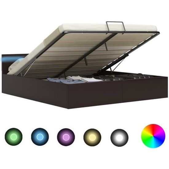 3598BEL® Lit Coffre Sommier à Lattes Cadre de lit Cadre de lit à rangement avec LED Gris Similicuir 160x200 cm