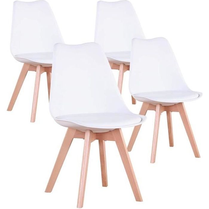 EGOONM Lot de 4 Chaises Scandinaves Blanches Lorenzo Chaise de salle à Manger Design en Similicuir et Bois Massif