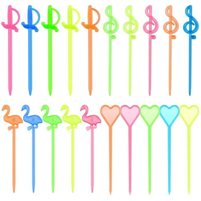 200 Pcs Plastique Fruits Pics Cocktail Pics Apéritif Pics Boissons Flamingo / Coeur / Note De Musique / Épée En Forme De Pics, Multi