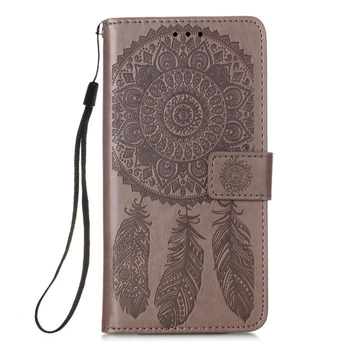 Étui LG Velvet 2 Pro, Porte-Cartes Dream Catcher Mandala Motif Cuir Dragonne Support Housse Protection, Gris