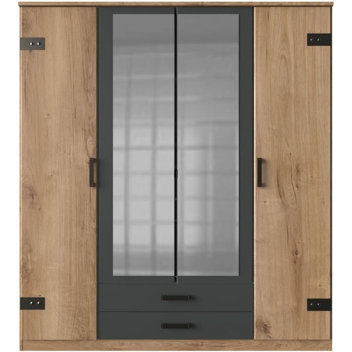 Armoire - Décor chêne et graphite - 4 portes et 2 tiroirs - Style Industriel - Chambre - L 180 cm - CORK