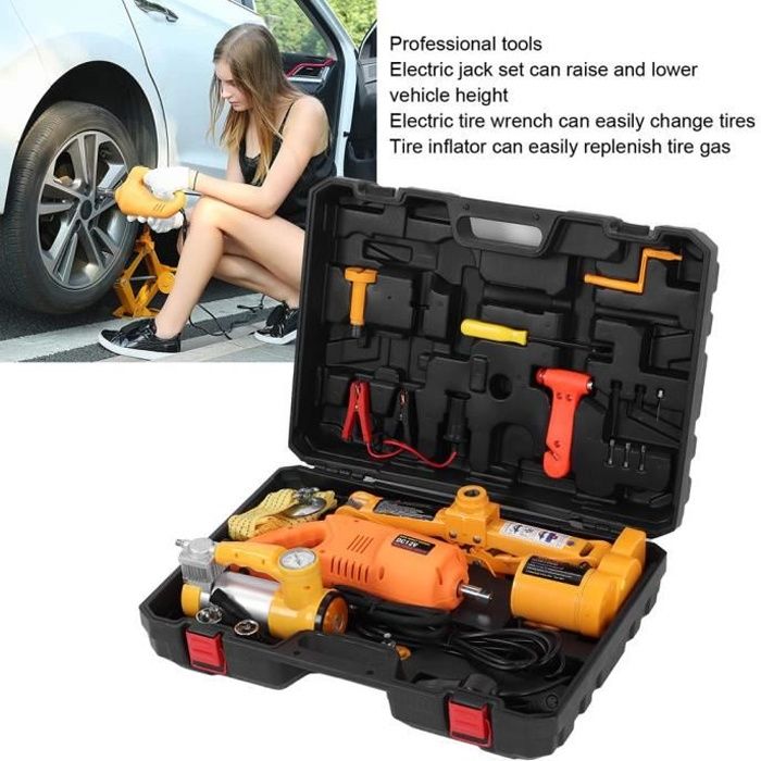 Dilwe 12V levage 42cm 3 tonnes Cric de voiture Pneu électrique avec clé de pompe à air pour voitures SUV