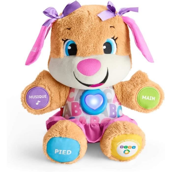 Fisher-Price la sœur de Puppy Eveil Progressif jouet bébé, peluche interactive, plus de 50 chansons et 3 niveaux, version française
