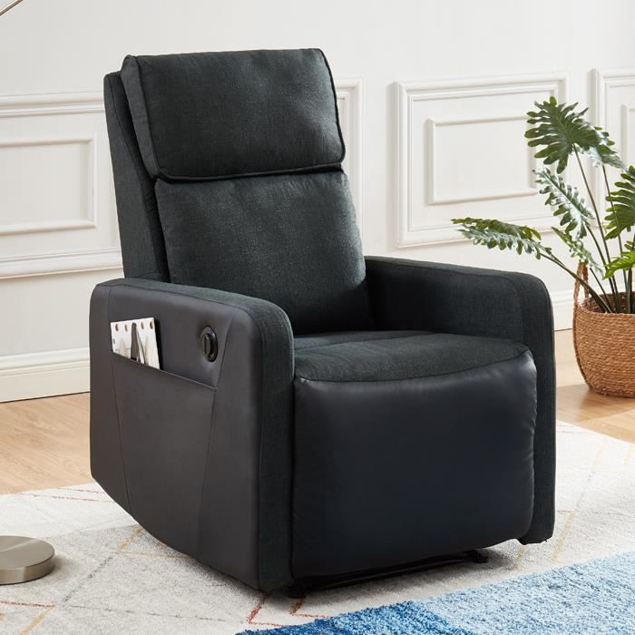 Fauteuil relax électrique en tissu anthracite et simili cuir noir mat - Collection Côme