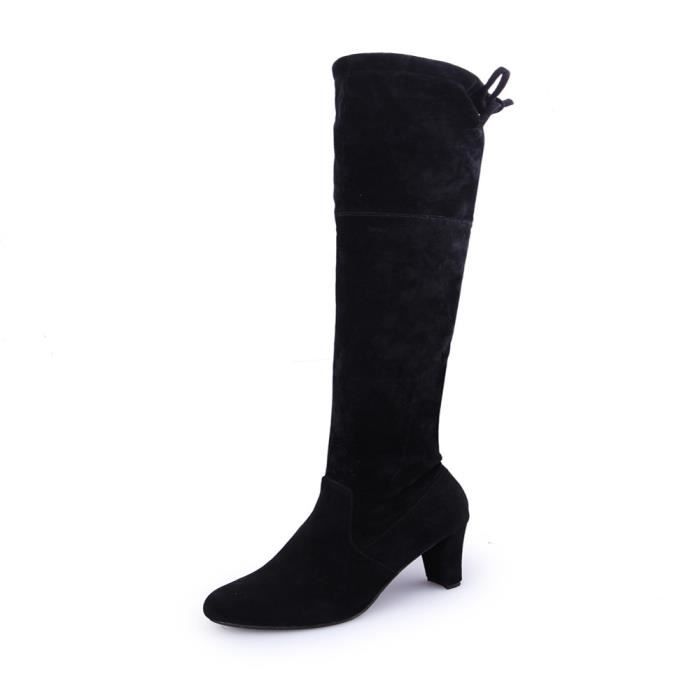 scourse® Femmes Stretch Faux Slim Bottes hautes sur le genou Bottes à talons hauts - Noir