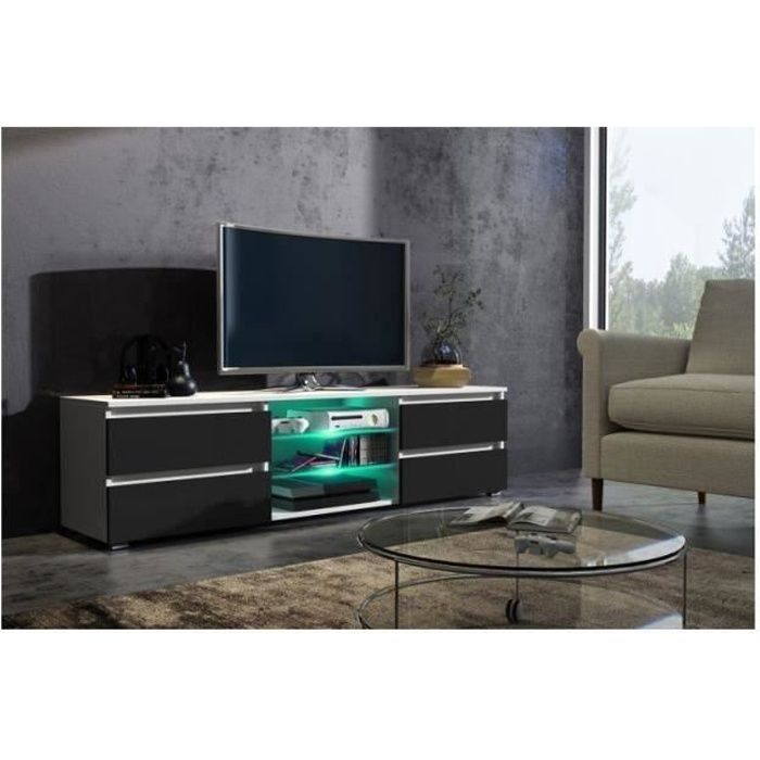 Meuble tv 150 cm blanc mat et façade noir laquée