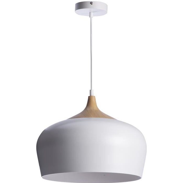 Luminaire suspension style scandinave en bois et métal blanc D 35cm Blanc