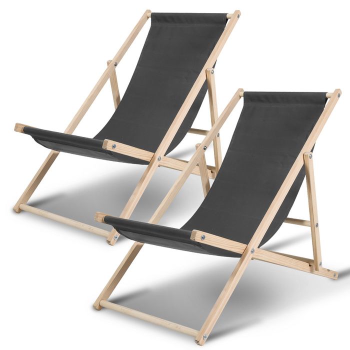 chaise longue pliante en bois chaise de plage chilienne gris 2 pièces transat - bain de soleil