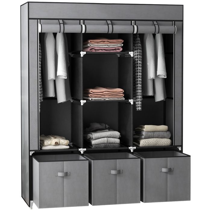 Armoire de rangement en tissu HOMCOM pliable avec 5 étagères 2 tringles et 3 tiroirs en tissu 125L x 43l x 162.5H cm gris