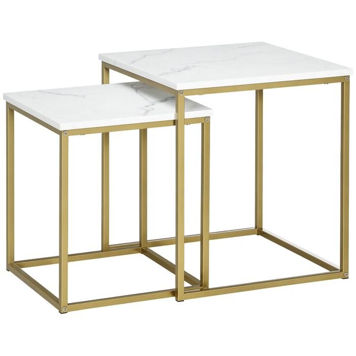 Lot de 2 tables basses gigognes - HOMCOM - plateau blanc aspect marbre - pied en acier doré