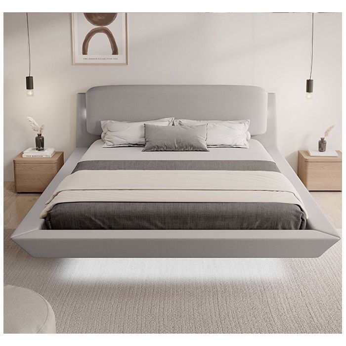 Lit double pour Matelas 180x200cm Design Flottant avec Lumière LED Cadre en Bois Tapissé en Lin Gris Sommier à Lattes Diana