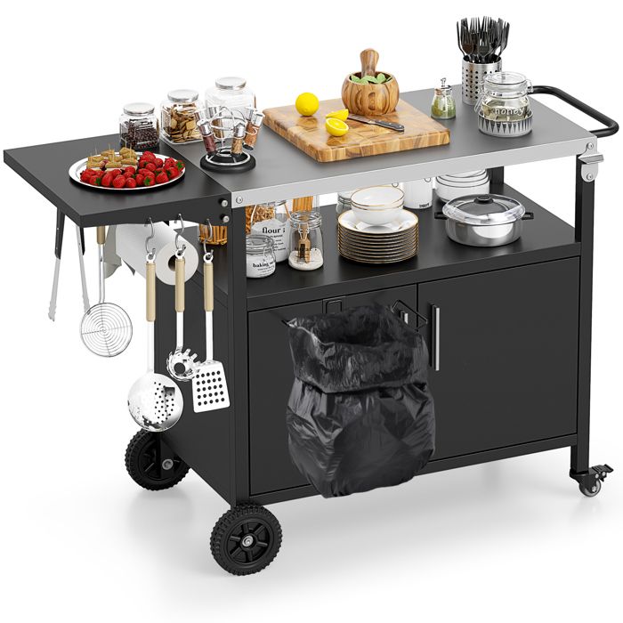 COSTWAY Chariot de Barbecue avec Rangement Plateau Pliable en Acier Inoxydable 6 Crochets Armoire à 2 Portes pour Pique-Nique COSTWAY Chariot de Barbecue avec Rangement Plateau Pliable en Acier Inoxydable 6 Crochets Armoire à 2 Portes pour Pique-Nique