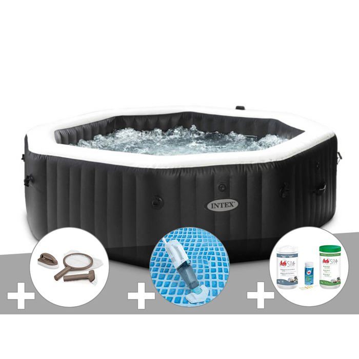 Intex Kit spa gonflable PureSpa Carbone octogonal Bulles et Jets 6 places + Kit traitement brome + Aspirateur + Kit dentretien