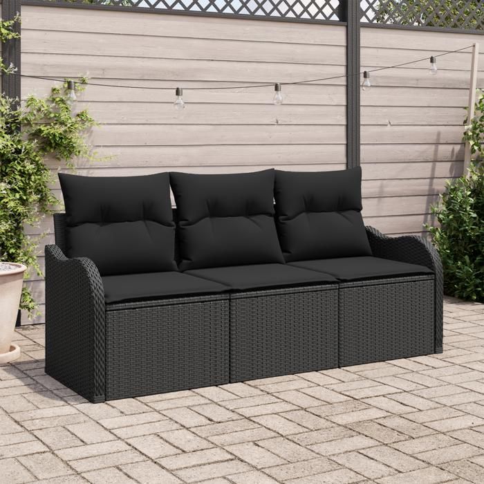 vidaXL Ensemble de Canapé de Jardin 3 Pièces avec Coussins Noir Poly Rattan 3354232