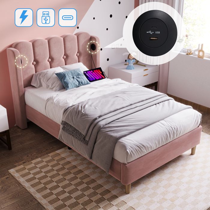 Lit coffre (lit simple) - SINGULARITY - AB20653940R - 90 x 200 cm - Velours rose - USB Type-C sommier inclus