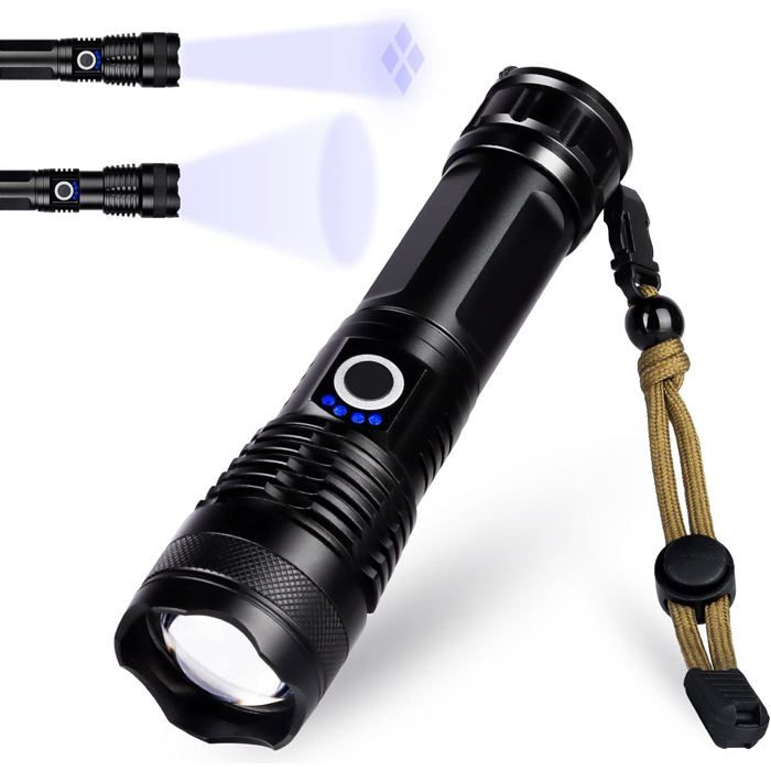 Lampe de poche - Idéale pour le camping la randonnée et les urgences - Rechargeable par USB Type-C - Zoom réglable et étanche